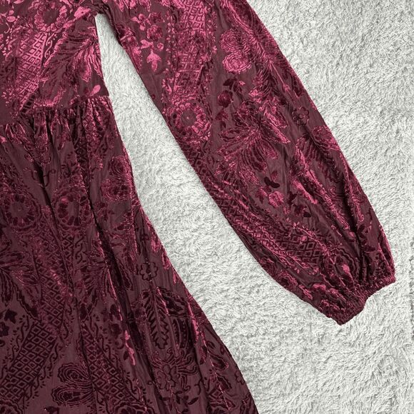 Easel Women's Witchy Romantic Velvet Burnout Empire Dress S Maroon Dark - Picture 9 of 16